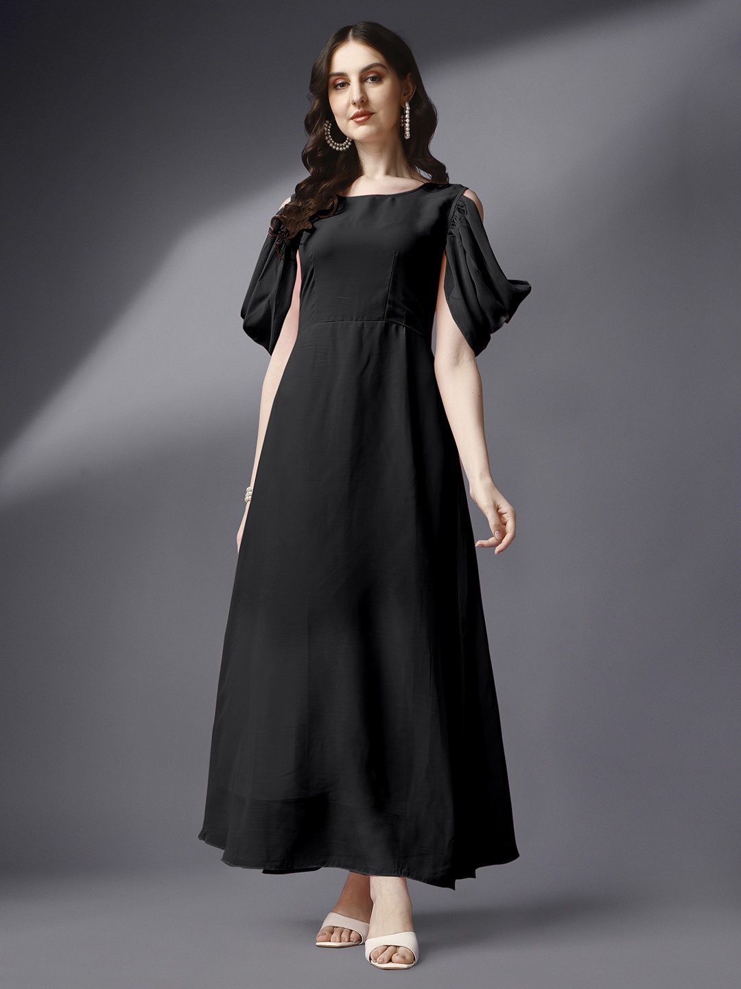 

Femvy Round Neck Cold Shoulder A-Line Maxi Dress, Black