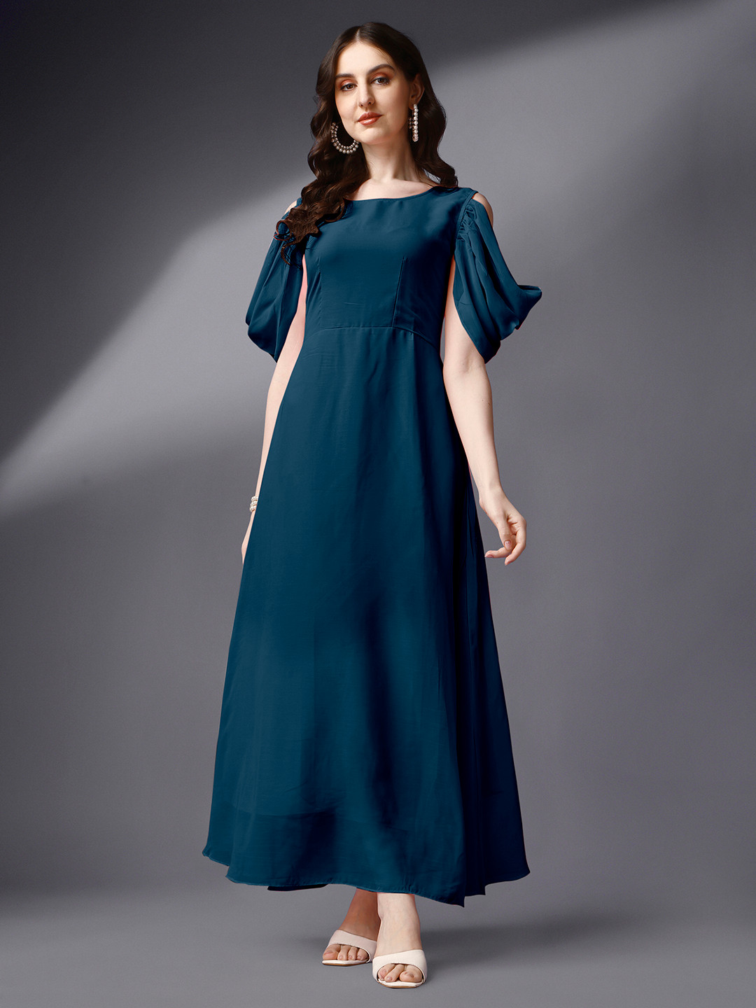 

Femvy Round Neck Cold Shoulder A-Line Maxi Dress, Blue