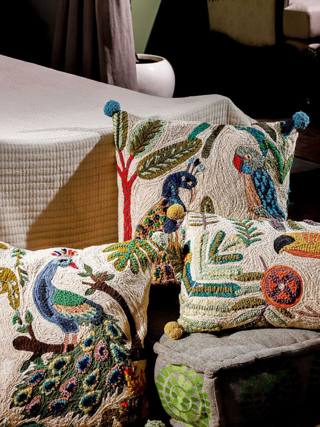 

Izzhaar Primal Instincts White & Green 3 Pieces Embroidered Cotton Cushion Covers