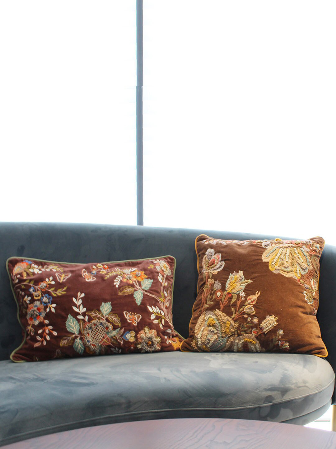 

Izzhaar Primal Instincts Brown & Blue 2 Pieces Embroidered Cotton Cushion Covers