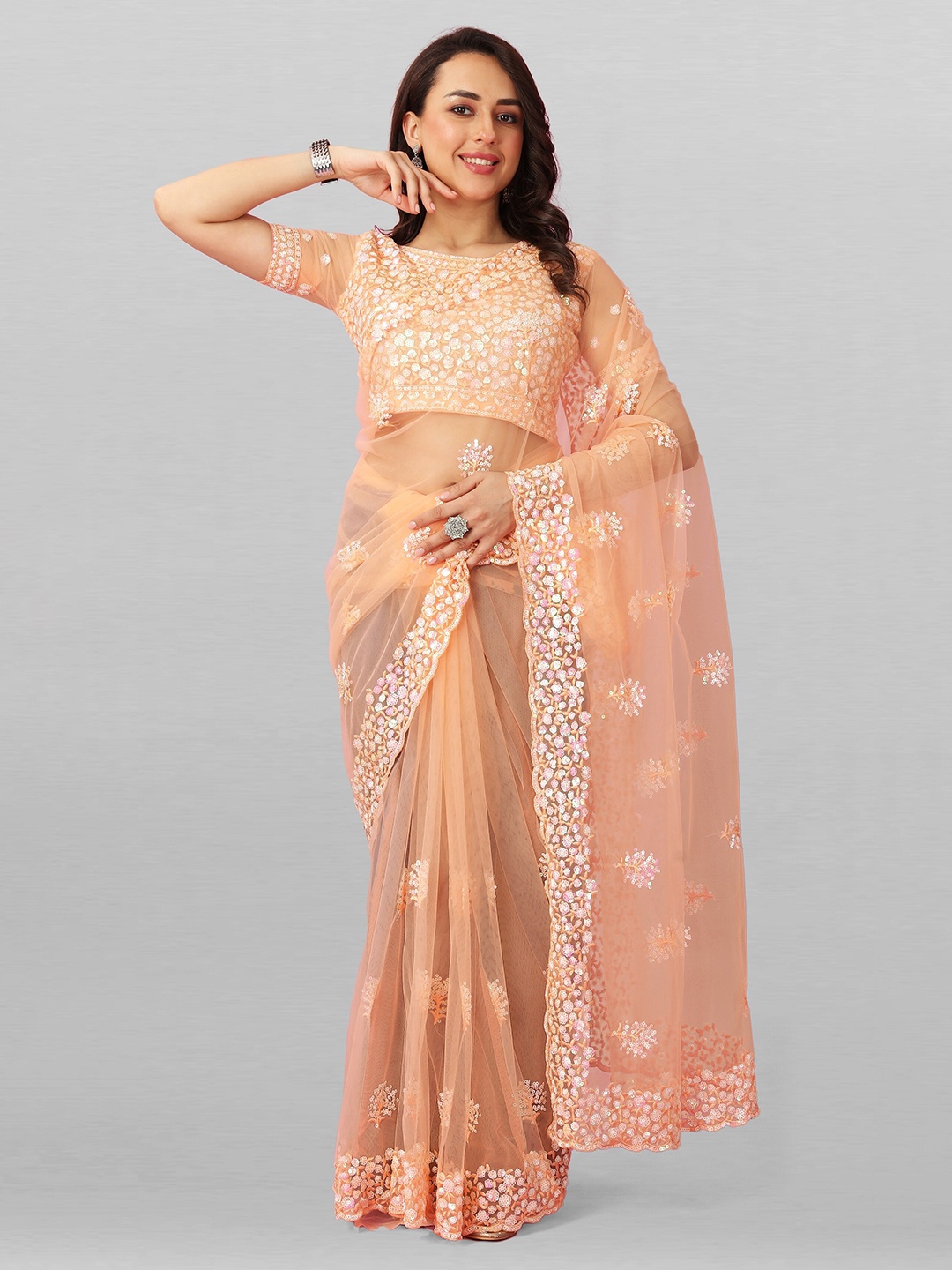 

JSItaliya Sequinned Embellished Net Saree, Peach