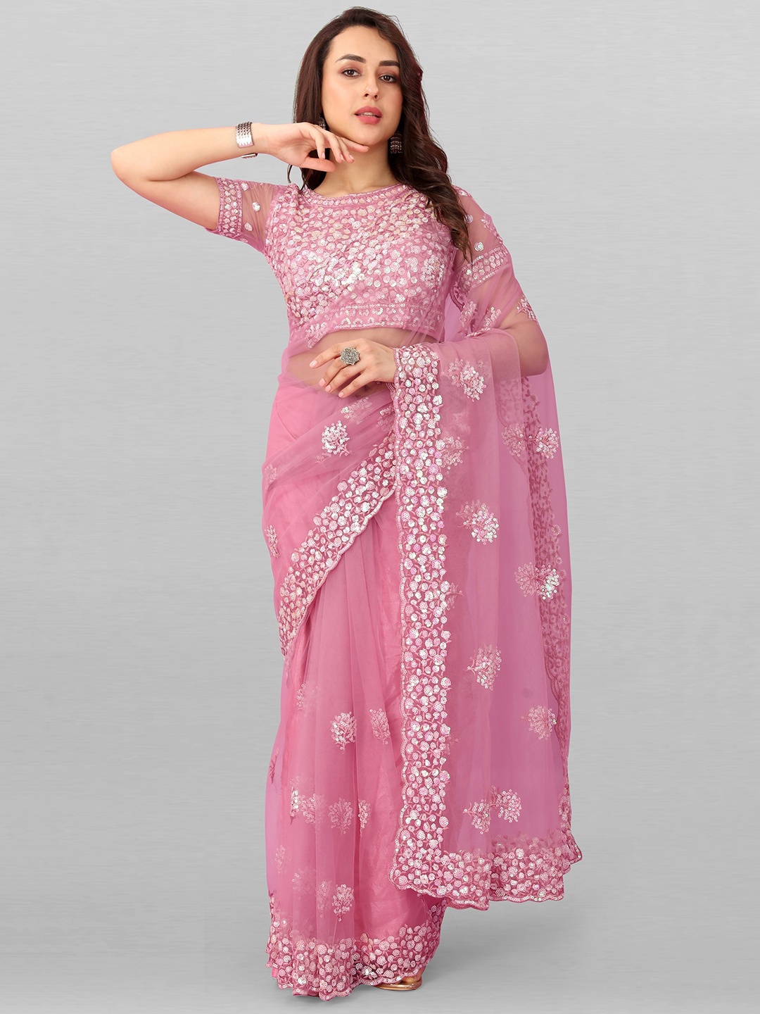 

JSItaliya Sequinned Embellished Net Saree, Pink
