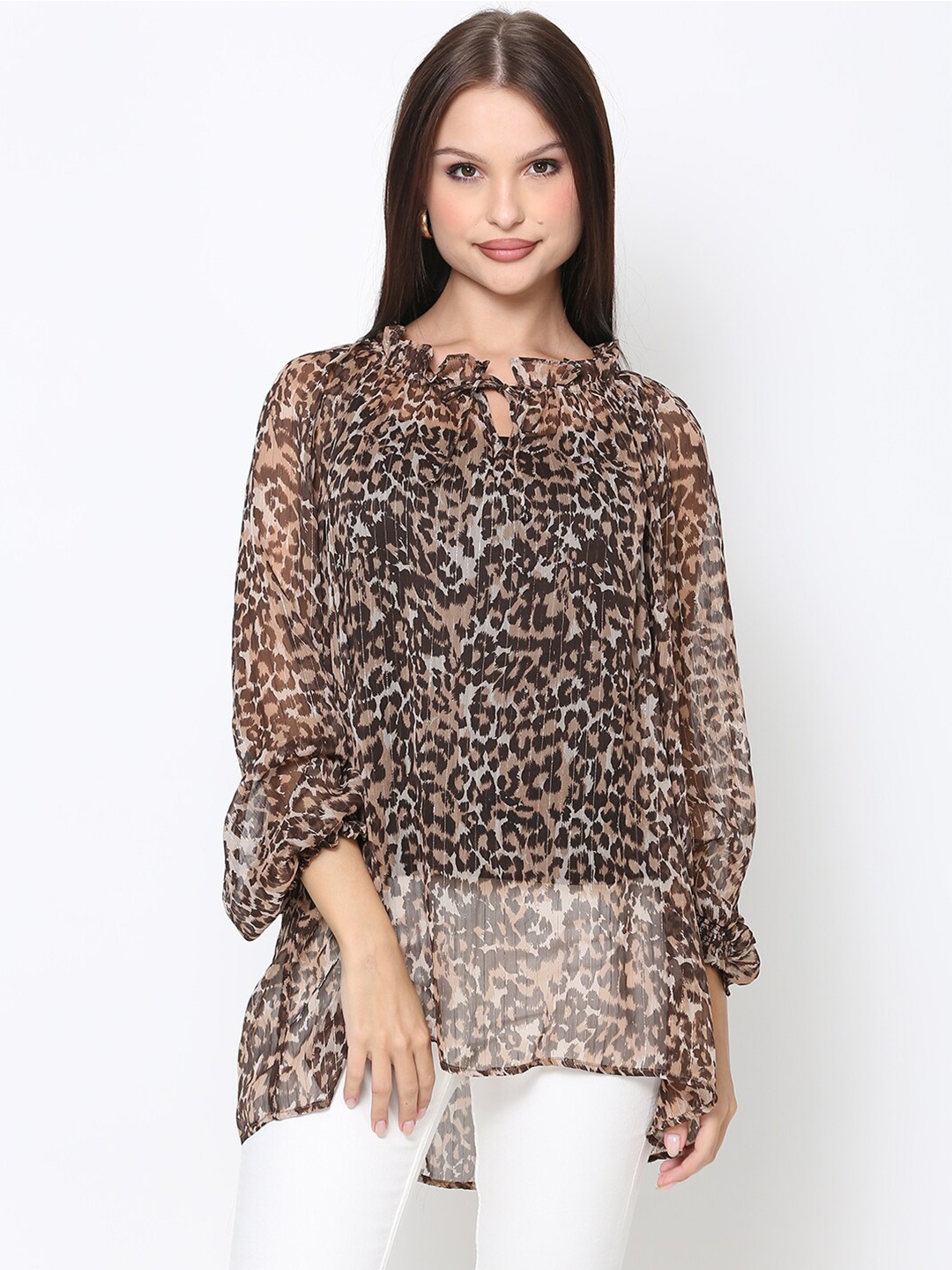 

DRIRO Animal Printed Tie-Up Neck High-Low Top, Brown