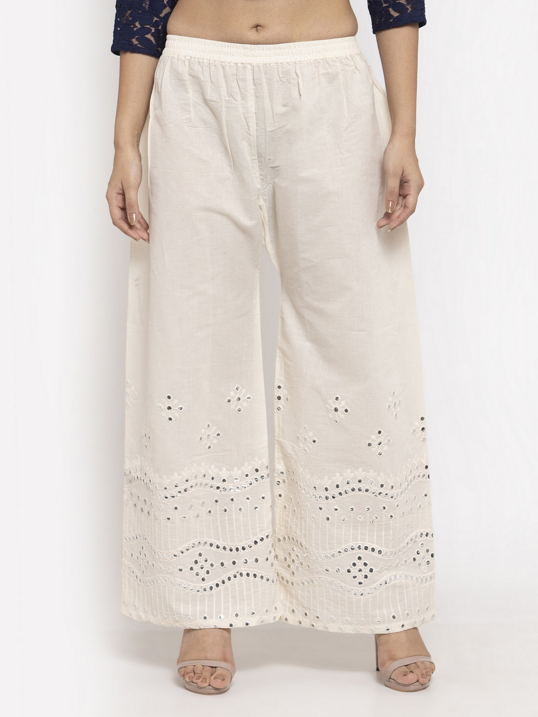 

Clora Creation Floral Hem Design Cotton Palazzos, Off white
