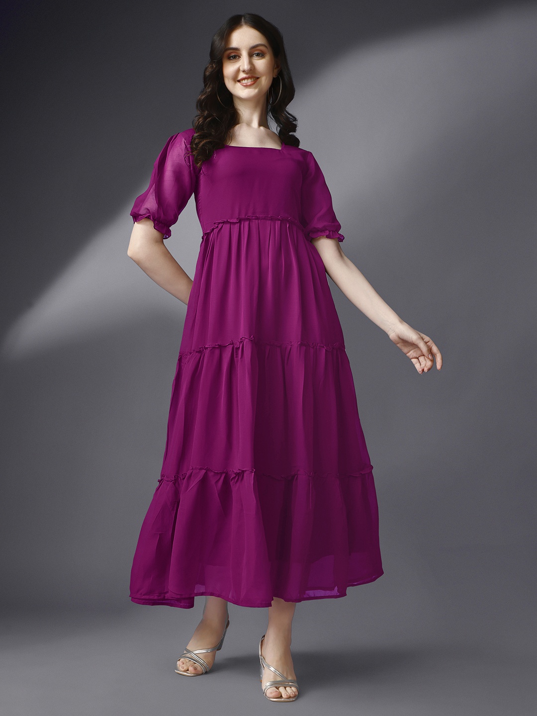 

Femvy Square Neck Pleated Detailed Georgette Maxi Dress, Magenta