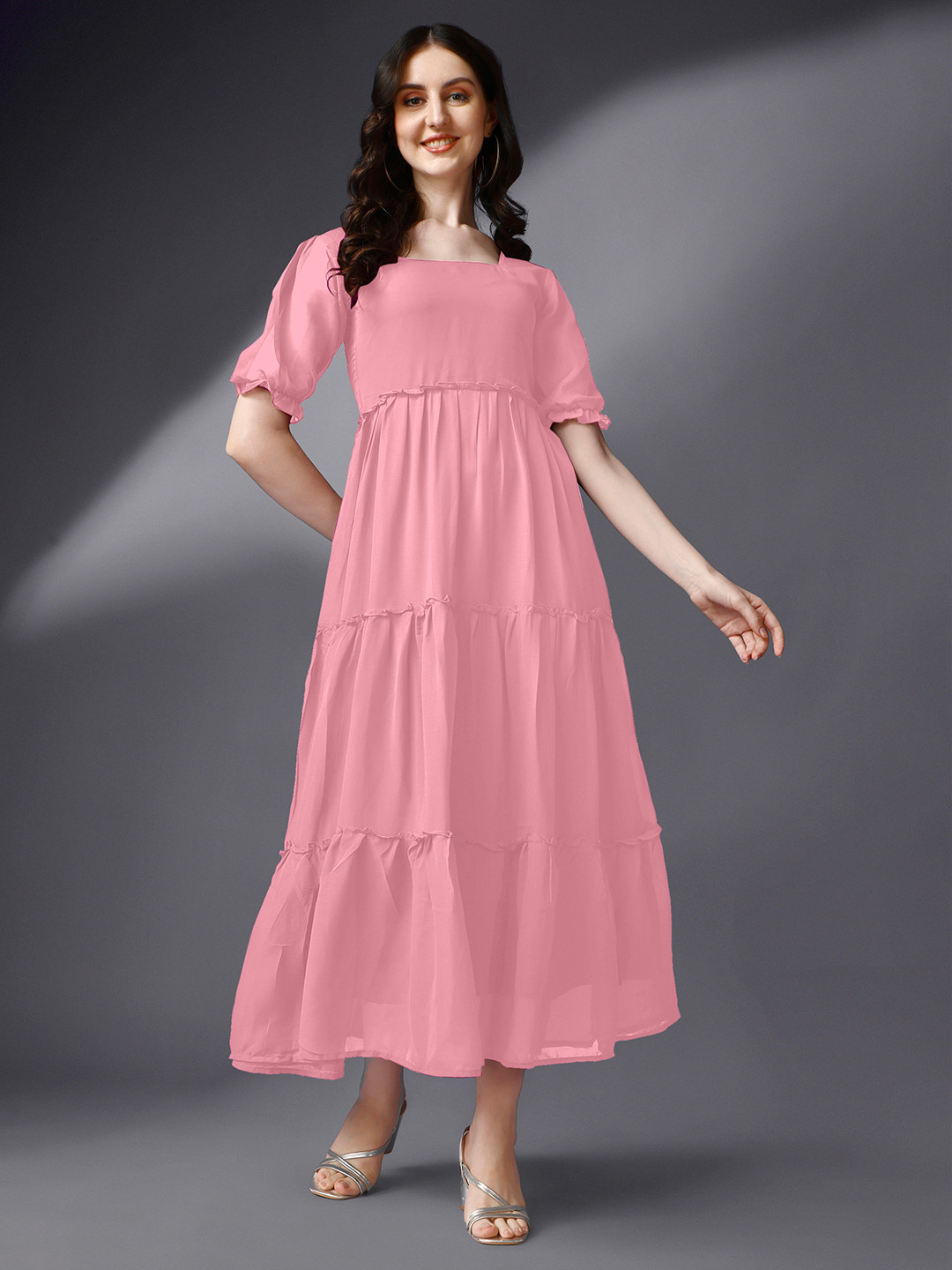 

Femvy Square Neck Pleated Detailed Georgette Maxi Dress, Peach