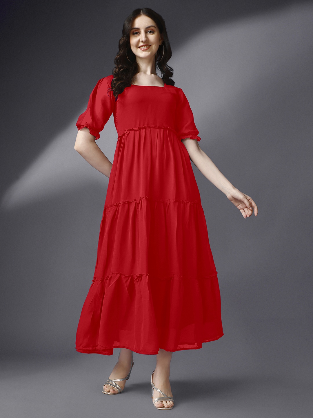 

Femvy Square Neck Puff Sleeve Tiered A-Line Maxi Dress, Red