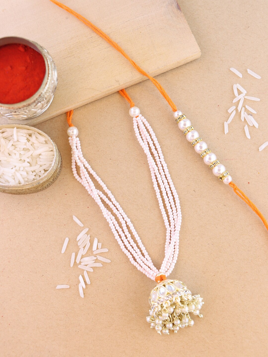 

I Jewels Set Of 2 Kundan Studded & Artificial Beaded Rakhi With Roli & Chawal, White