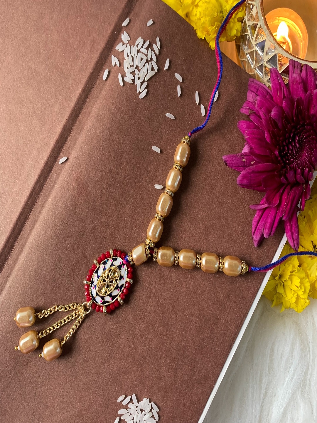 

I Jewels Women Pearls Beaded Lumba Hanging Thread Rakhi, Maroon