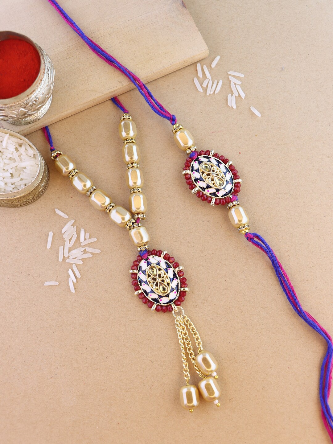 

I Jewels Set Of 2 Kundan Studded & Pearl Beaded Rakhi With Roli & Chawal, Maroon