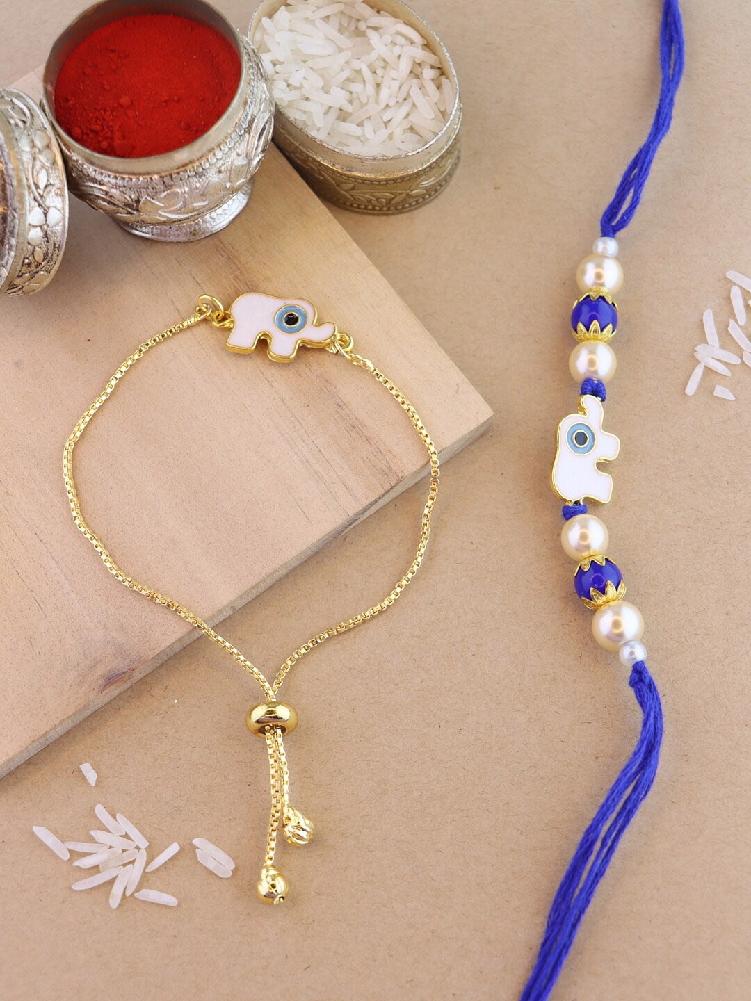 

I Jewels Bhaiya Bhabhi Rakhi Set with Roli Chawal & Card, Blue