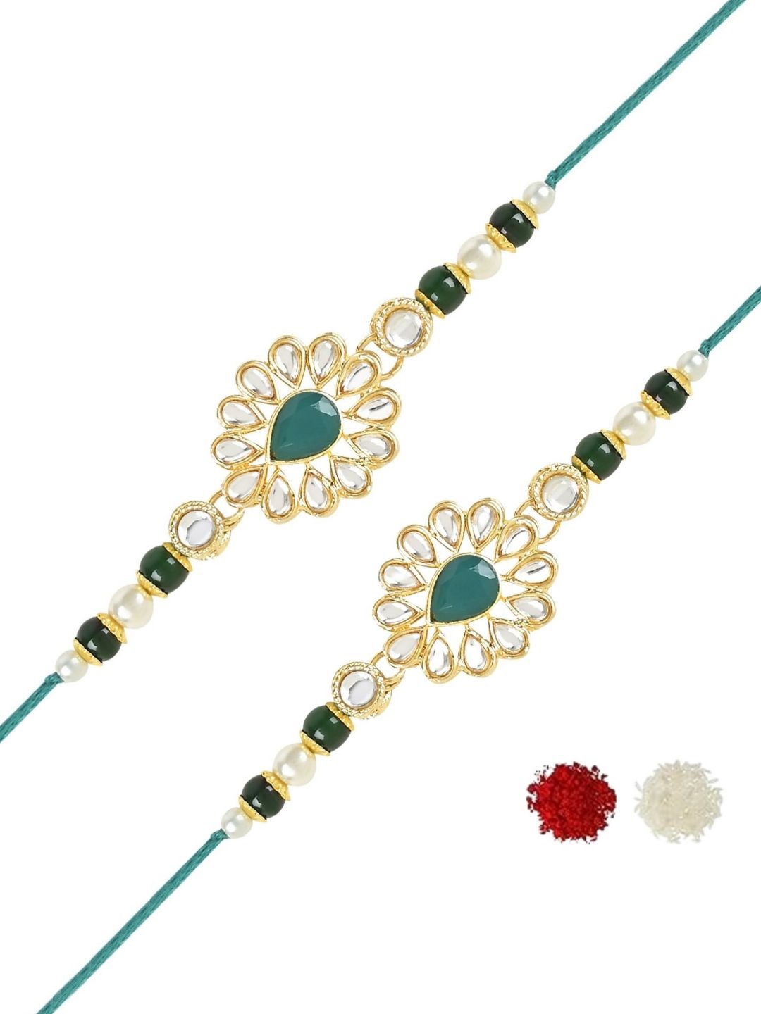 

I Jewels Set Of 2 Kundan Studded & Beaded Thread Rakhis With Roli & Chawal, Green