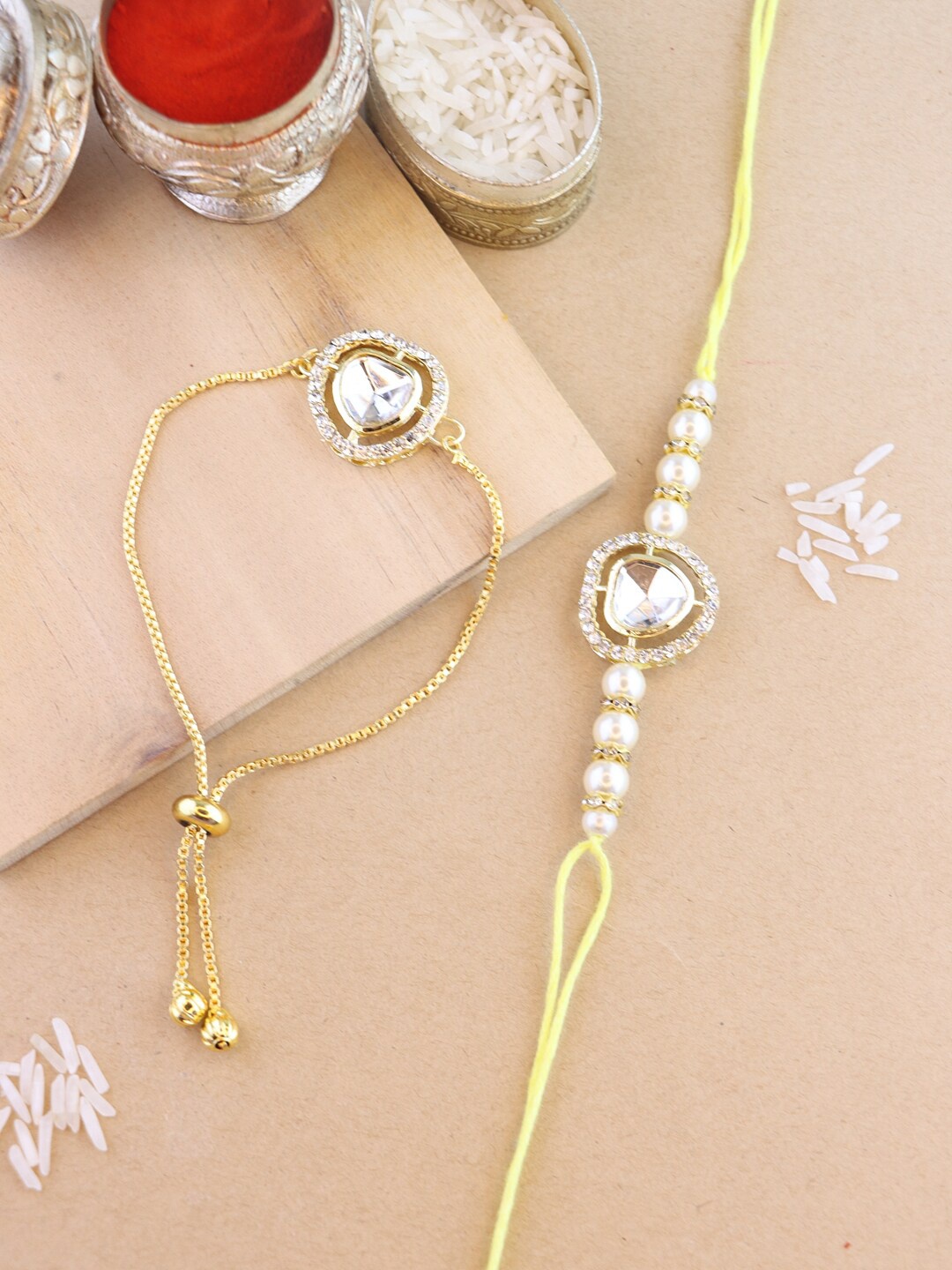 

I Jewels Bhaiya Bhabhi Rakhi Set with Roli Chawal & Card, White