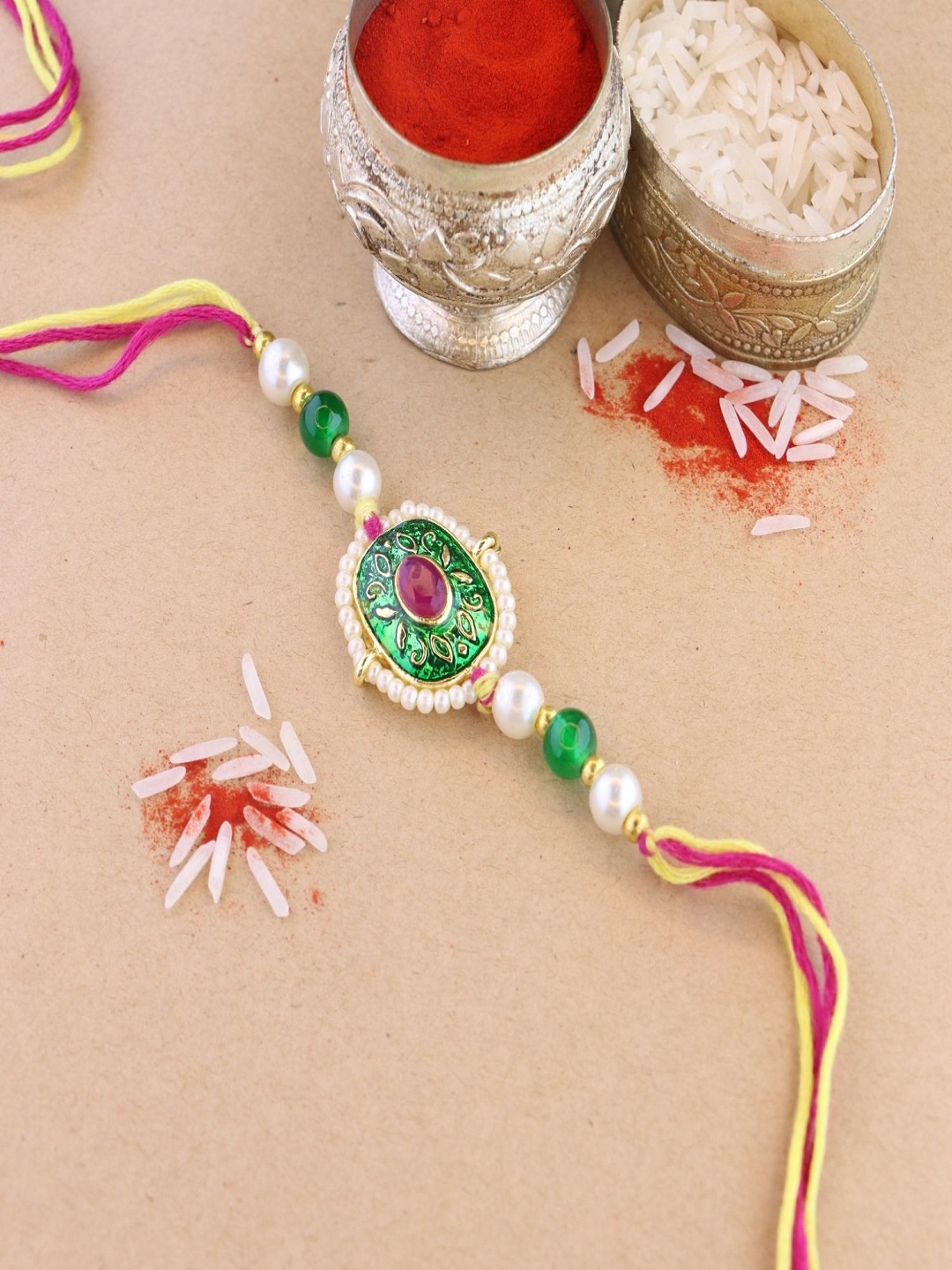 

I Jewels Kundan Studded & Beaded Thread Rakhi, Green