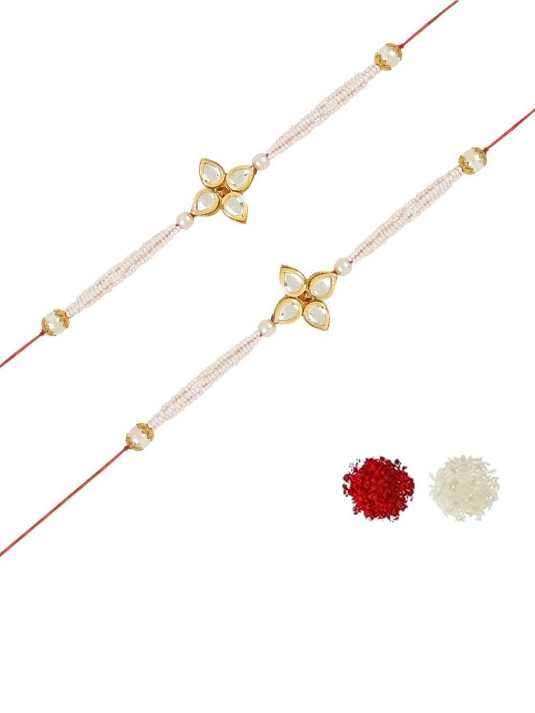 

I Jewels Set Of 2 Kundan Studded Thread Rakhis With Roli & Chawal, White