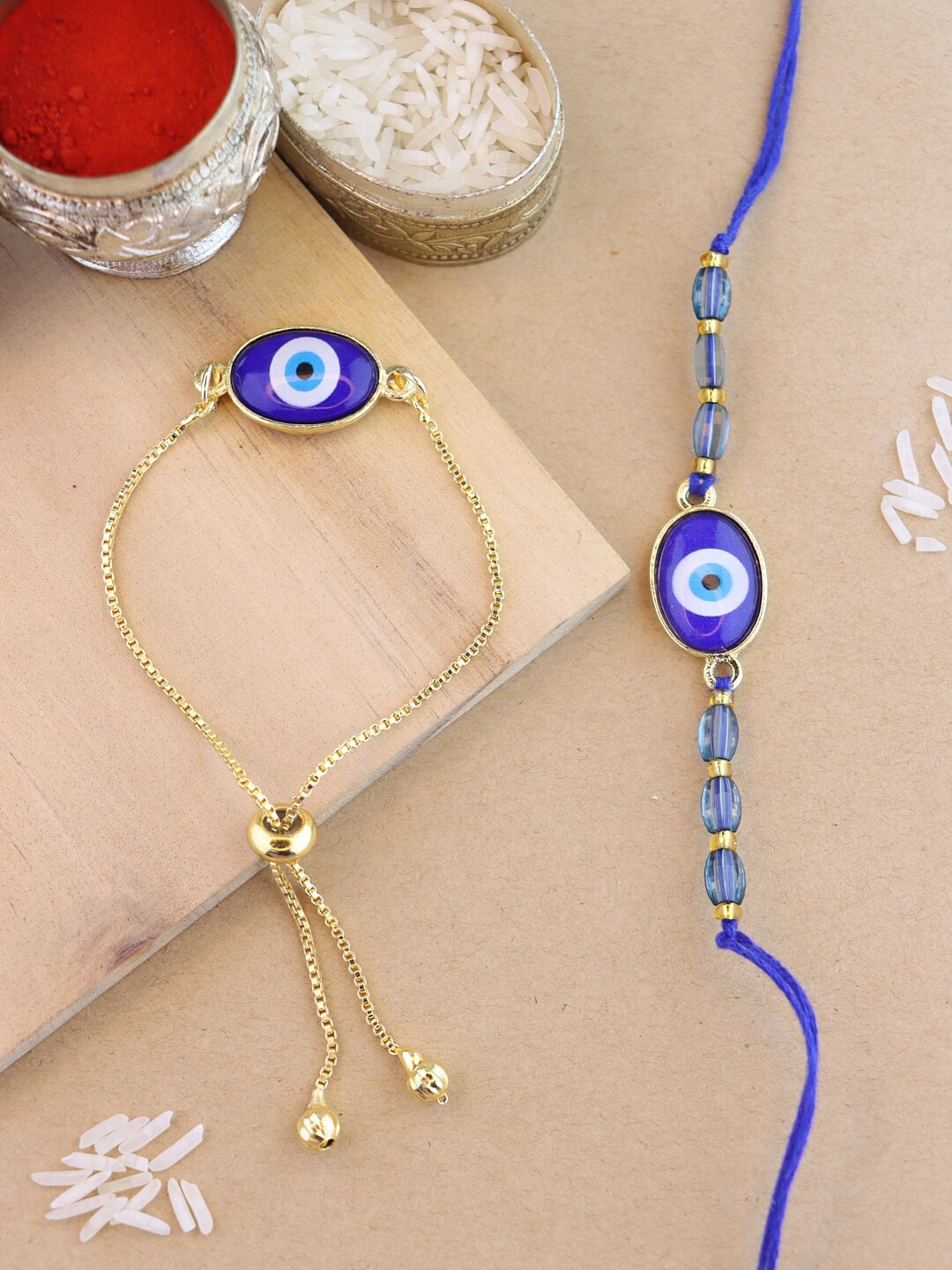 

I Jewels Bhaiya Bhabhi Rakhi Set with Roli Chawal & Card, Blue