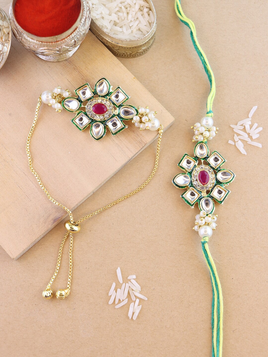 

I Jewels Set Of 2 Kundan Studded & Artificial Beaded Rakhi With Roli & Chawal, Green