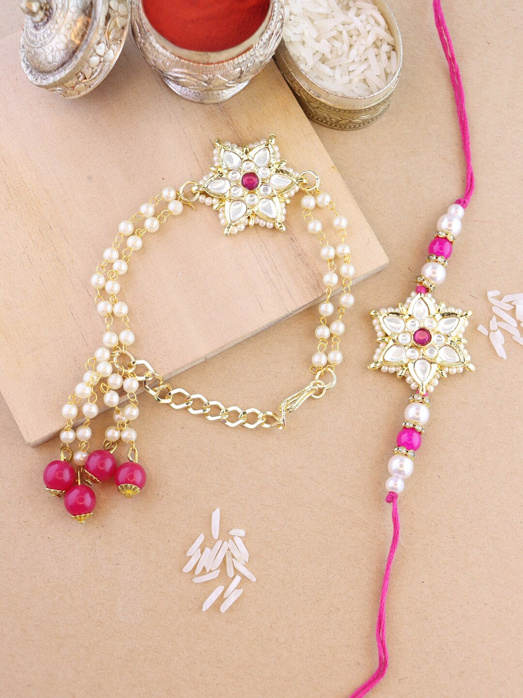

I Jewels Set of 2 Kundan-Studded & Beaded Rakhis With Roli & Chawal, Pink