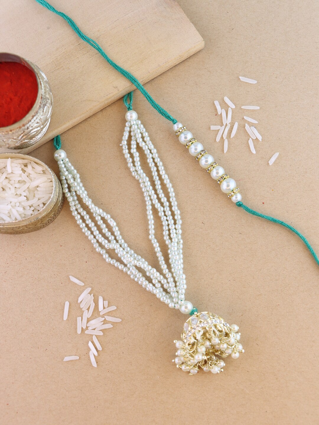 

I Jewels Set Of 2 Kundan-Studded Hanging Lumba Rakhis, White