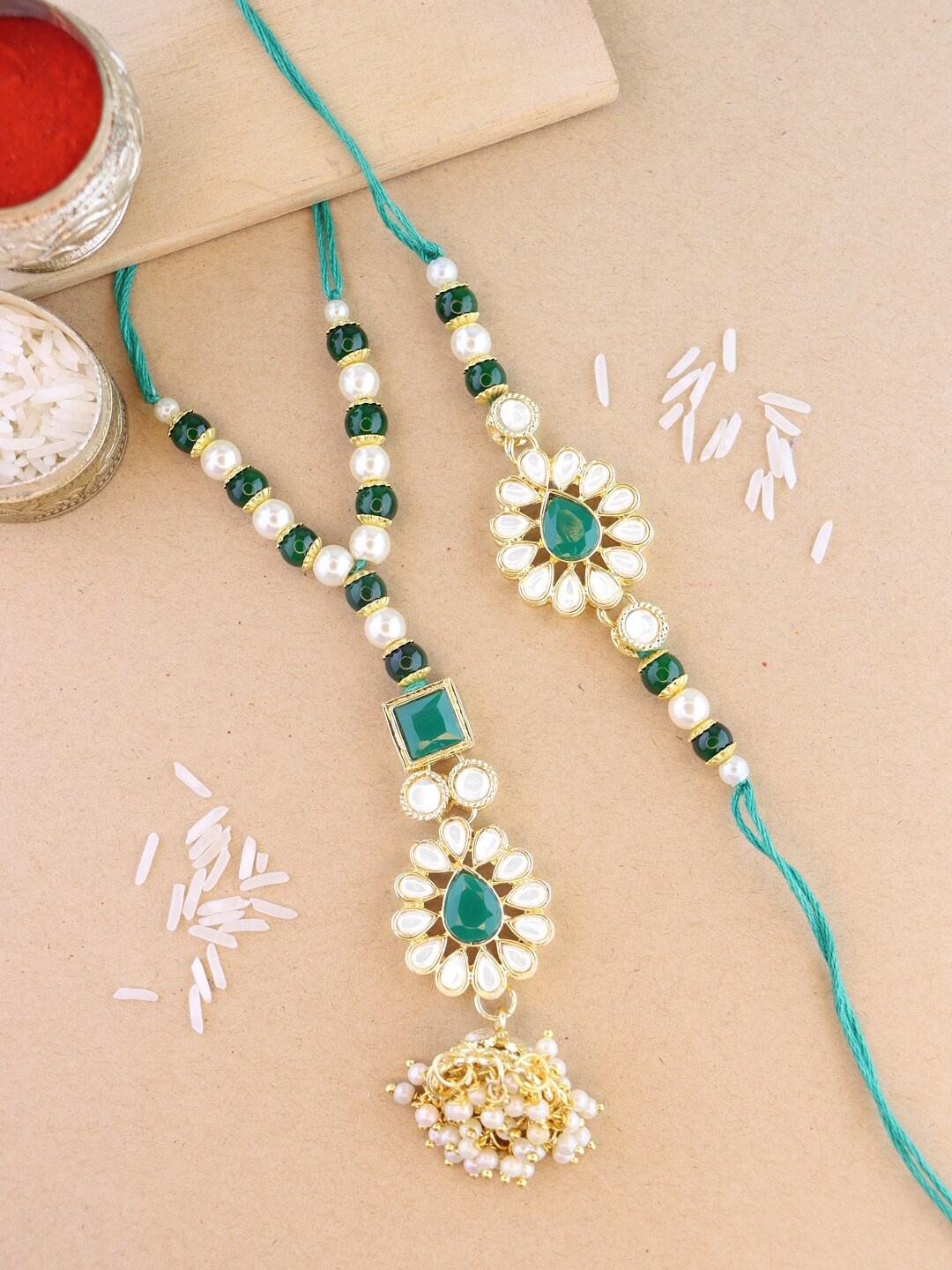 

I Jewels Set Of 2 Kundan Studded & Pearl Beaded Rakhi With Roli & Chawal, Green