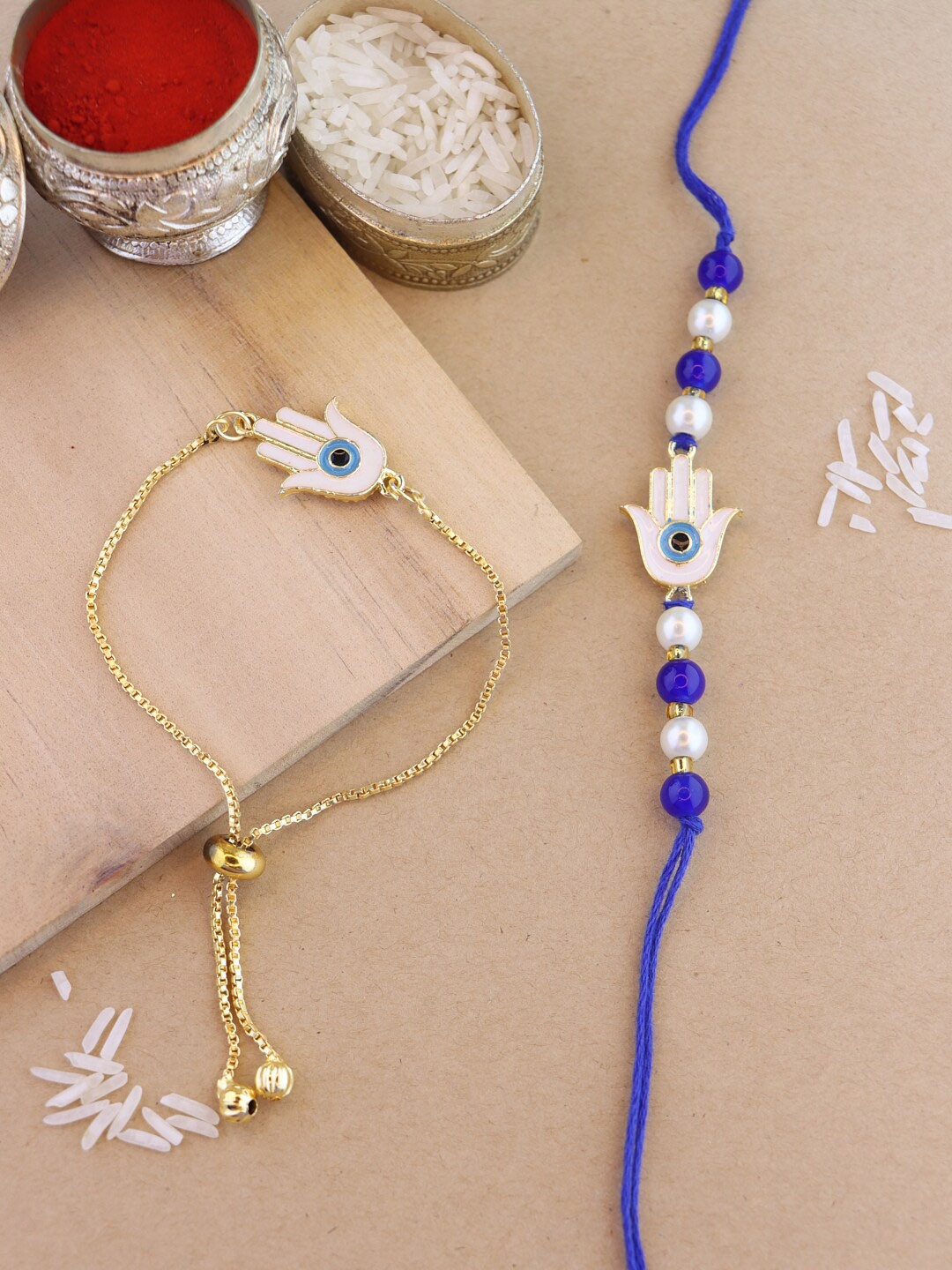 

I Jewels Bhaiya Bhabhi Rakhi Set with Roli Chawal & Card, Gold