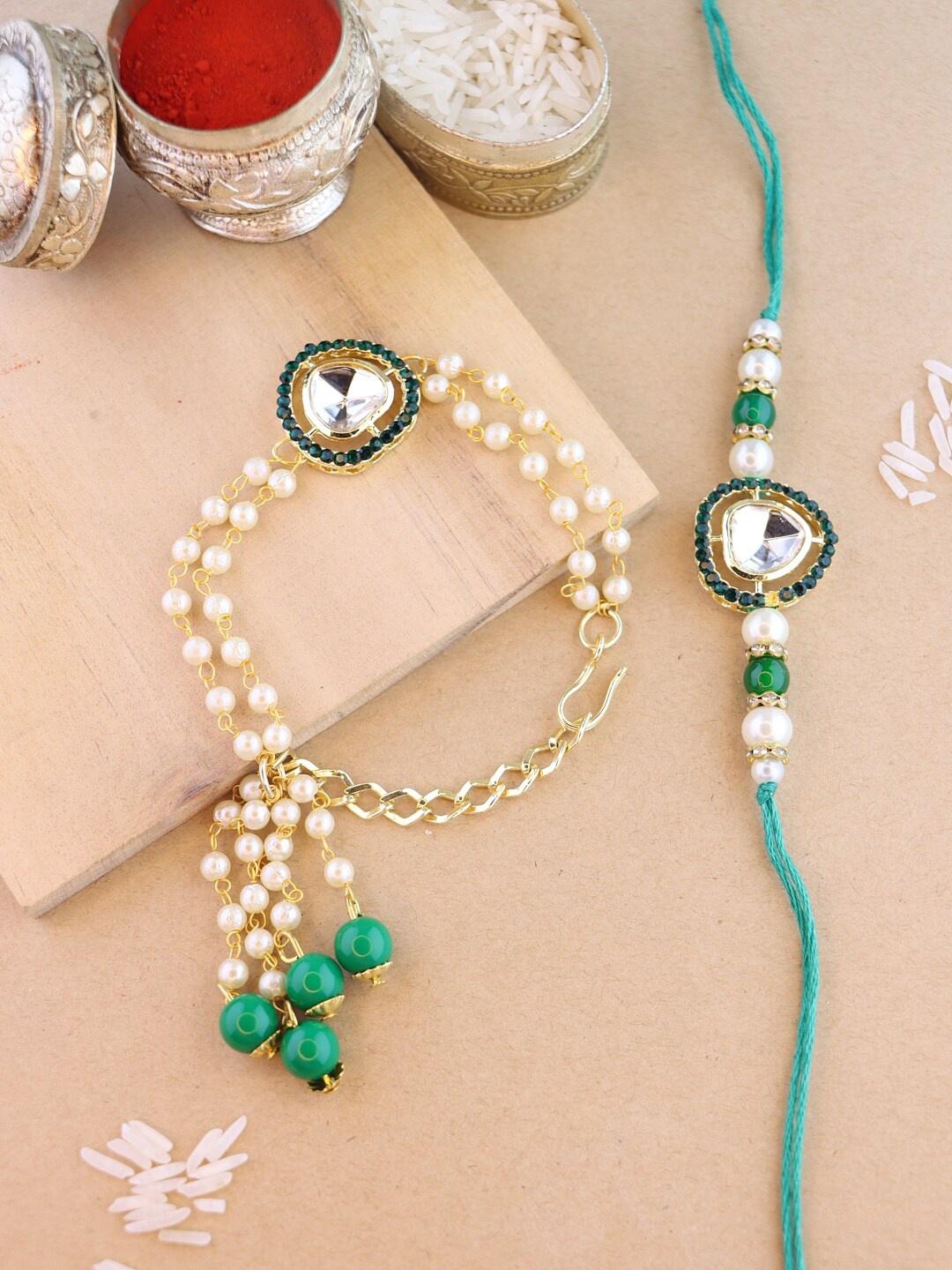 

I Jewels Bhaiya Bhabhi Rakhi Set with Roli Chawal & Card, Green