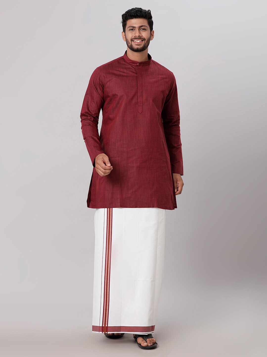

Ramraj Band Collar Kurta & Veshti, Maroon