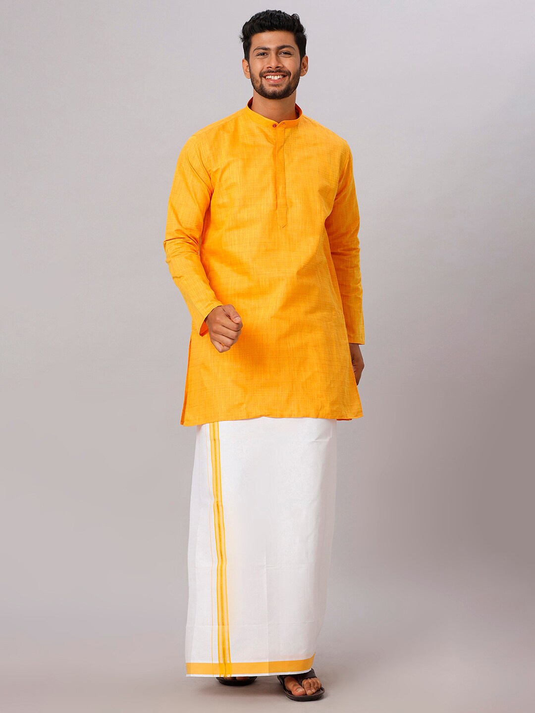 

Ramraj Mandarin Collar Straight Kurta With Veshti, Yellow