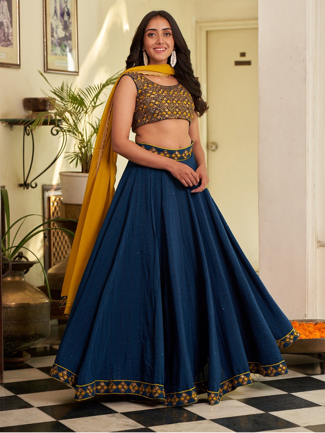 

Virah Fashion Embroidered Sequinned Ready to Wear Lehenga & Blouse With Dupatta, Turquoise blue