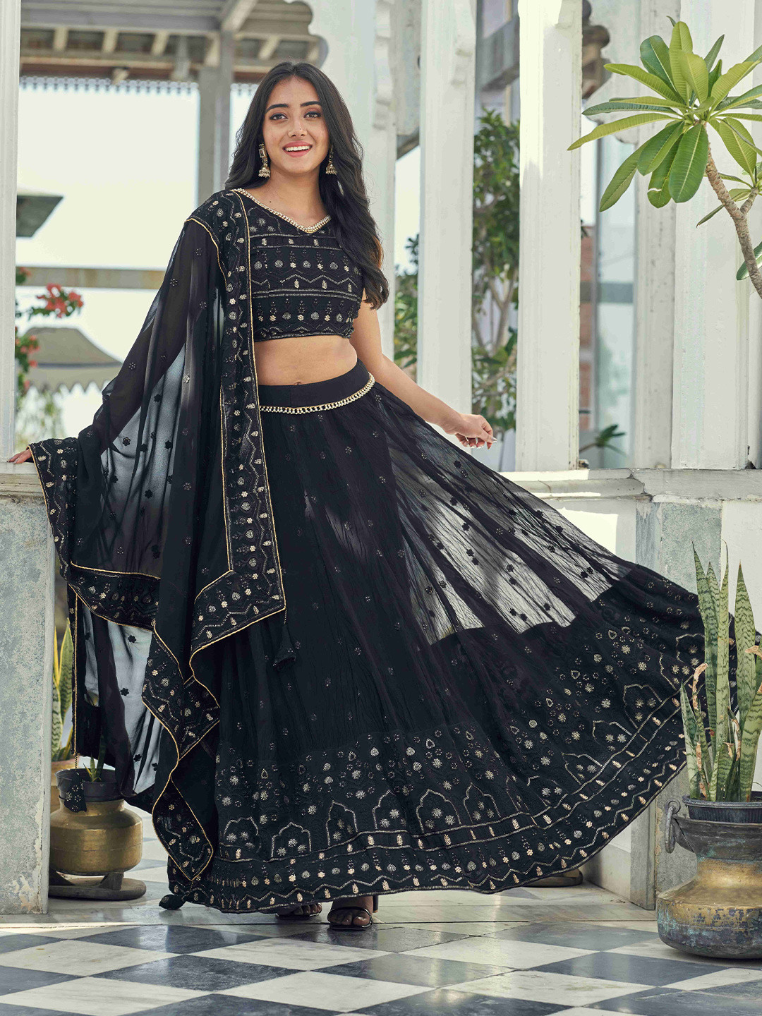 

Virah Fashion Embroidered Ready to Wear Lehenga & Blouse With Dupatta, Black
