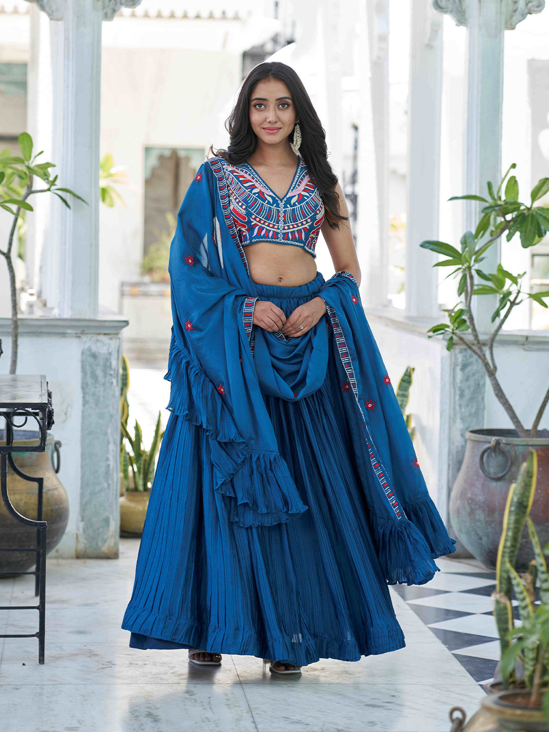 

Virah Fashion Embroidered Thread Work Ready to Wear Lehenga & Blouse With Dupatta, Blue