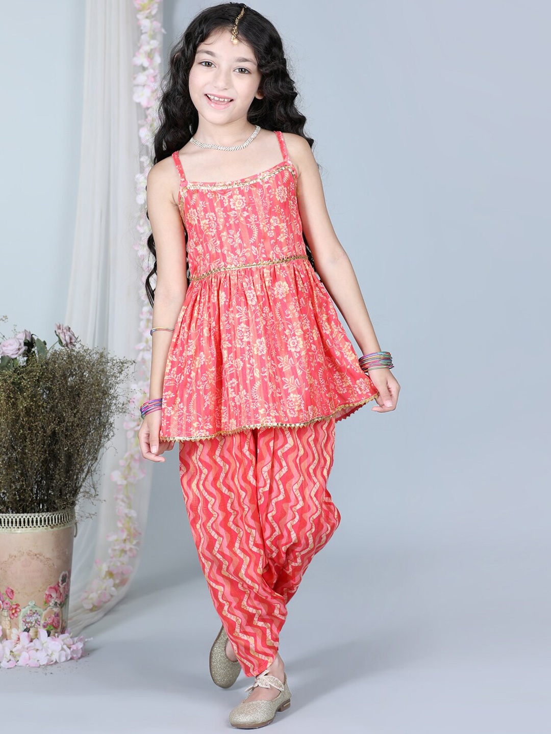 

Cutiekins Girls Floral Printed Gotta Patti Kurta with Dhoti Pants, Peach