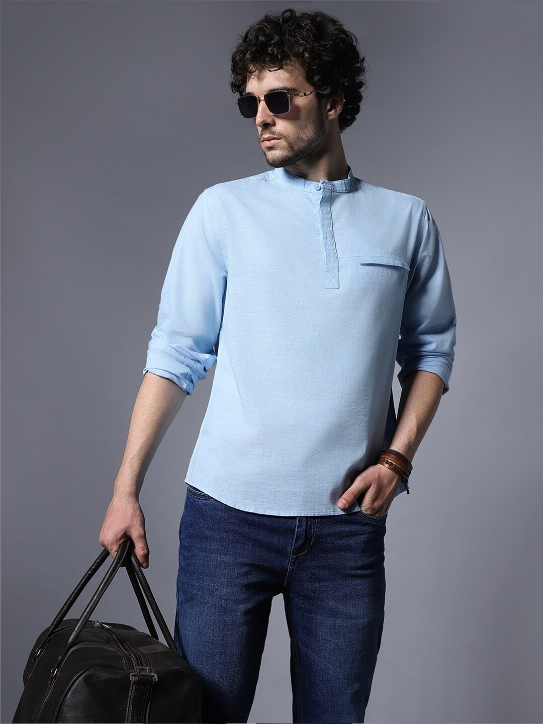 

High Star Classic Mandarin Collar Roll-Up Sleeves Pure Cotton Casual Shirt, Blue