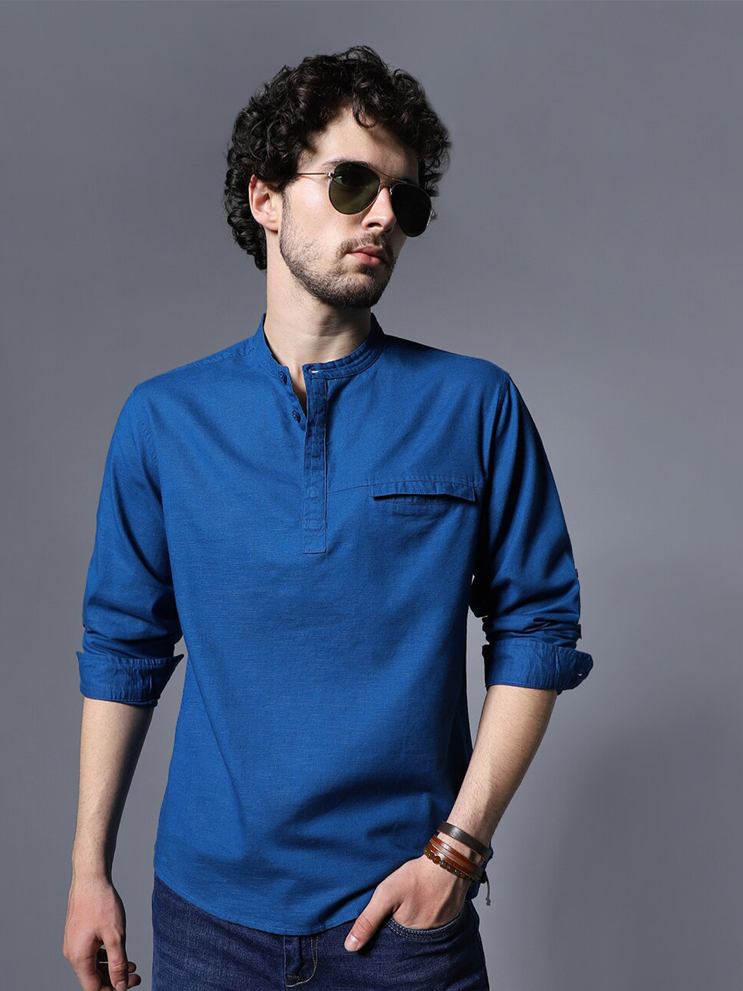 

High Star Classic Mandarin Collar Roll-Up Sleeves Pure Cotton Casual Shirt, Blue