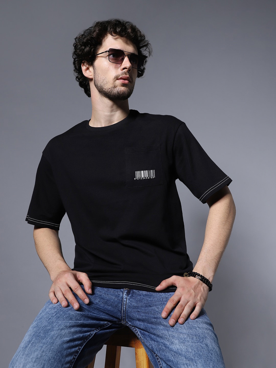 High Star Round Neck Relaxed Fit Pure Cotton Casual T-Shirt, Black