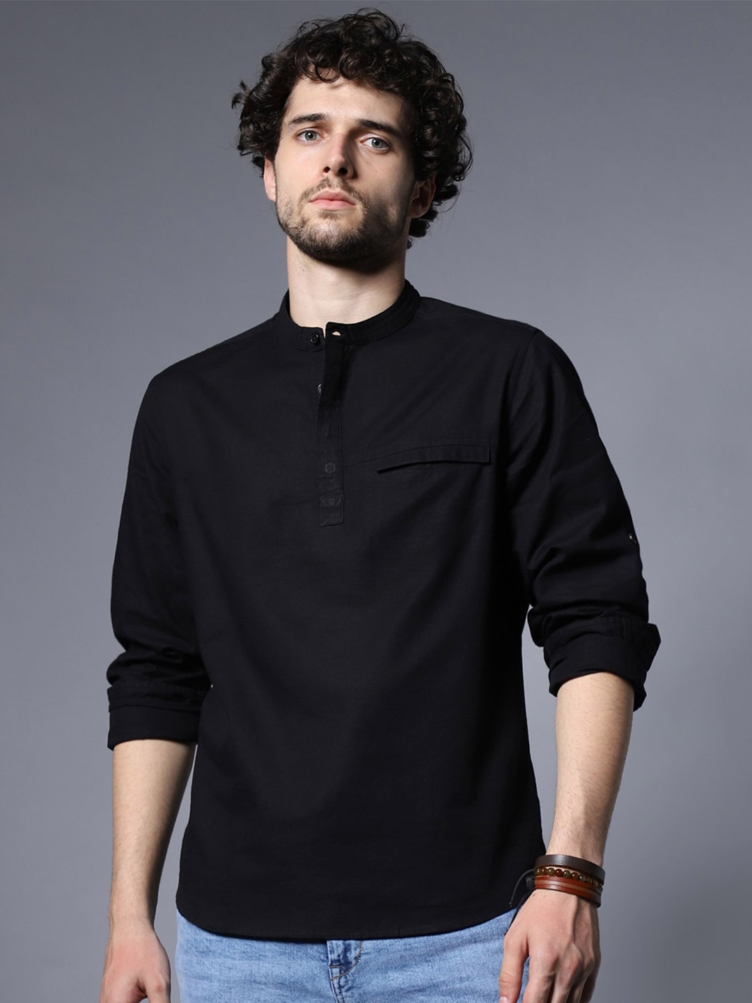 

High Star Classic Mandarin Collar Roll-Up Sleeves Pure Cotton Casual Shirt, Black