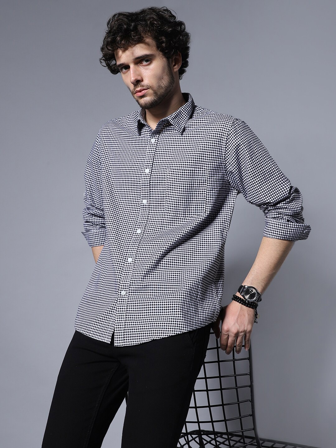 

High Star Classic Regular Fit Micro Checked Pure Cotton Casual Shirt, Black