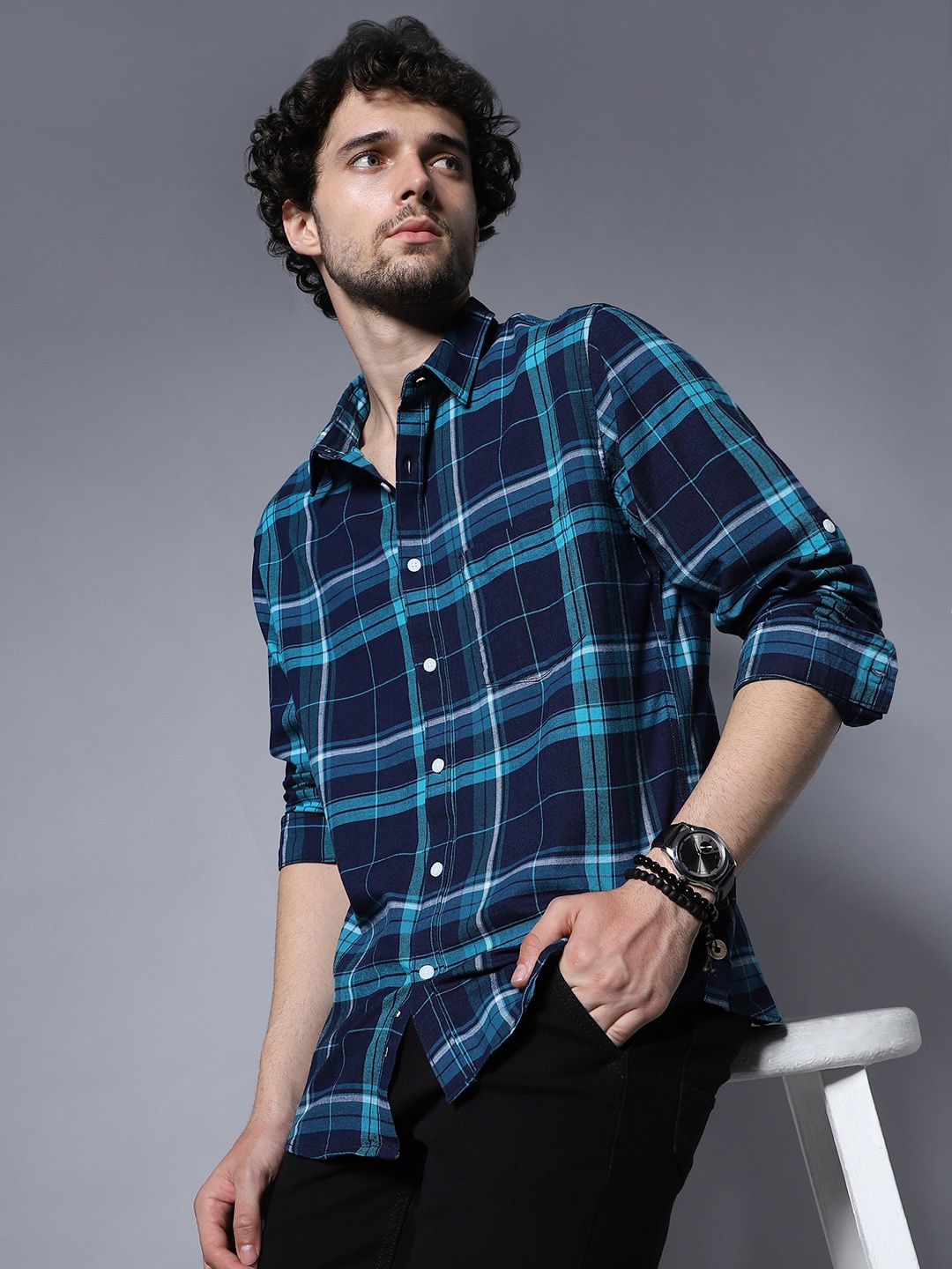 

High Star Classic Tartan Checks Opaque Pure Cotton Casual Shirt, Blue