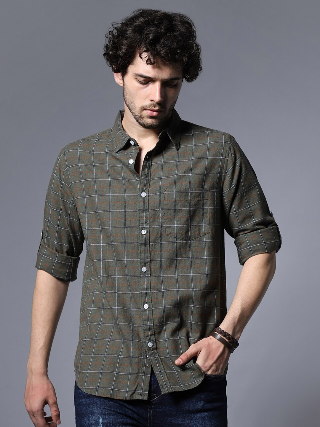 

High Star Classic Windowpane Checks Pure Cotton Casual Shirt, Olive