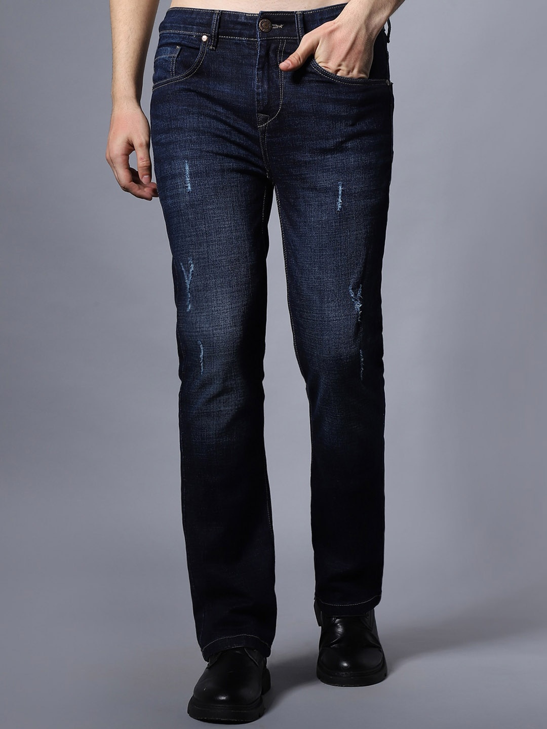 

High Star Men Wide Leg Low Distress Cat Scratches Mid-Rise Stretchable Jeans, Blue