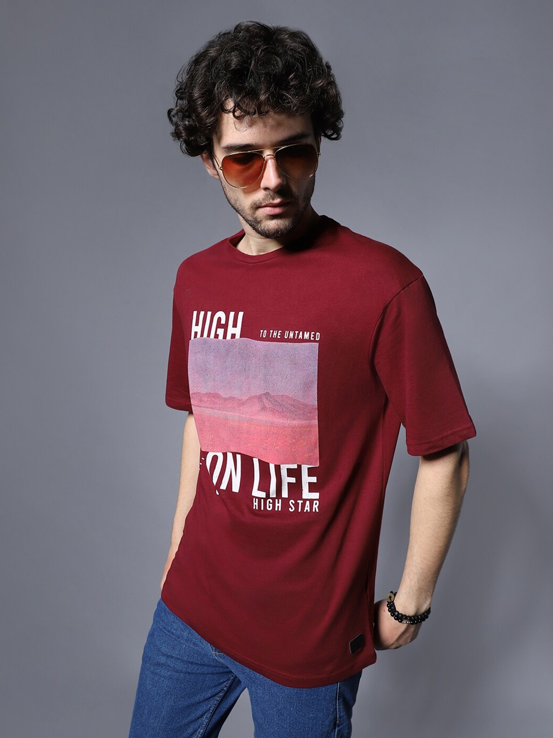 

High Star Typography Printed Relaxed Fit Pure Cotton T-Shirt, Maroon
