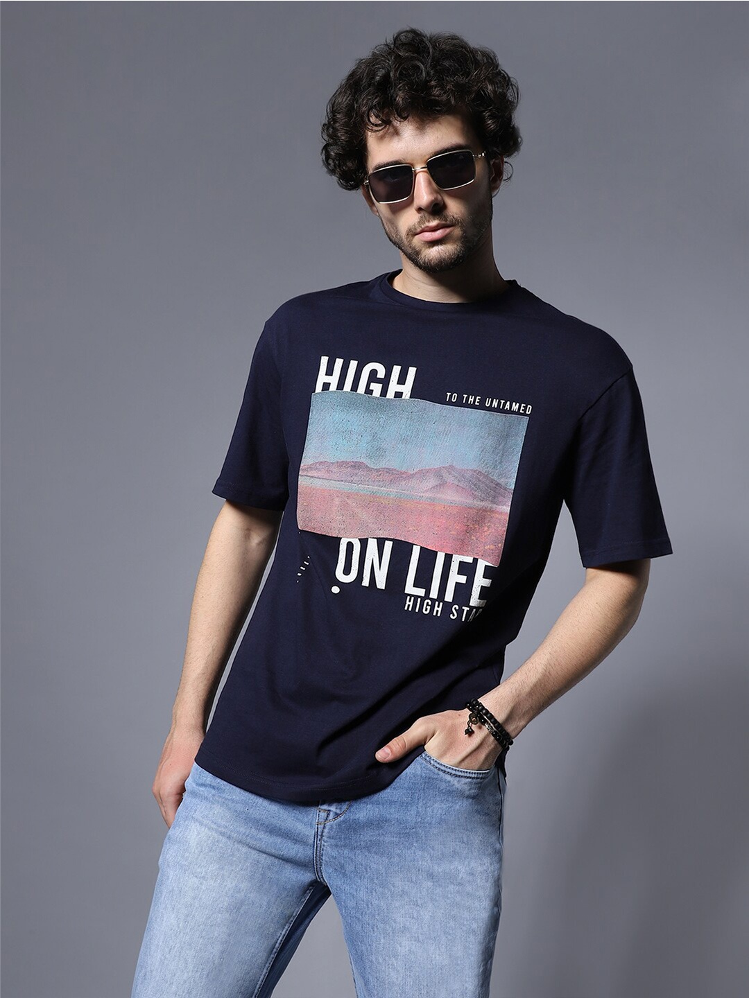 

High Star Typography Printed Relaxed Fit Pure Cotton T-Shirt, Navy blue