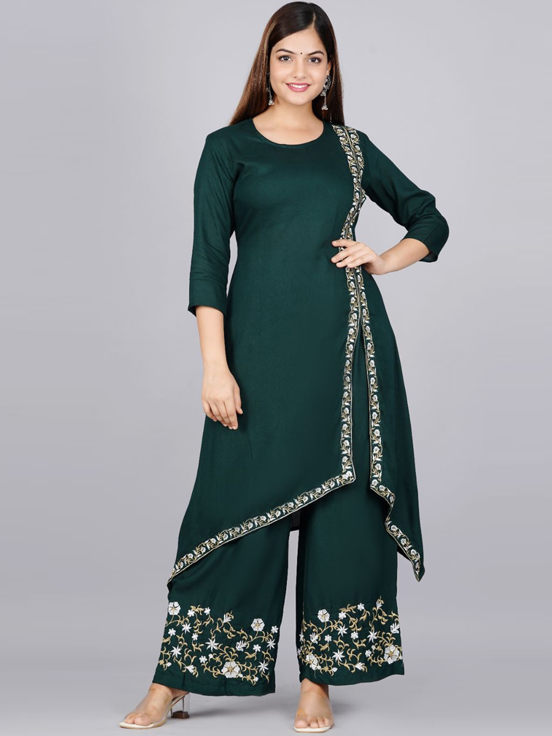 

Glorious Floral Printed Asymmetric A-Line Kurta with Trousers, Green