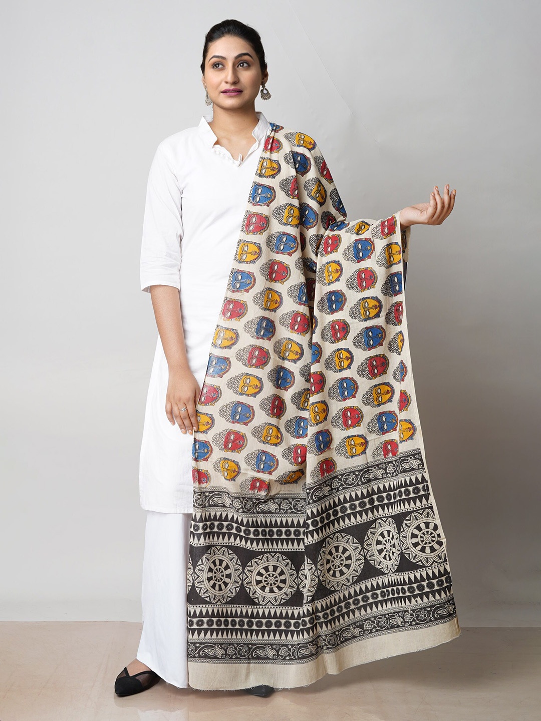 

Unnati Silks Ethnic Motifs Printed Kalamkari Pure Cotton Dupatta, Cream