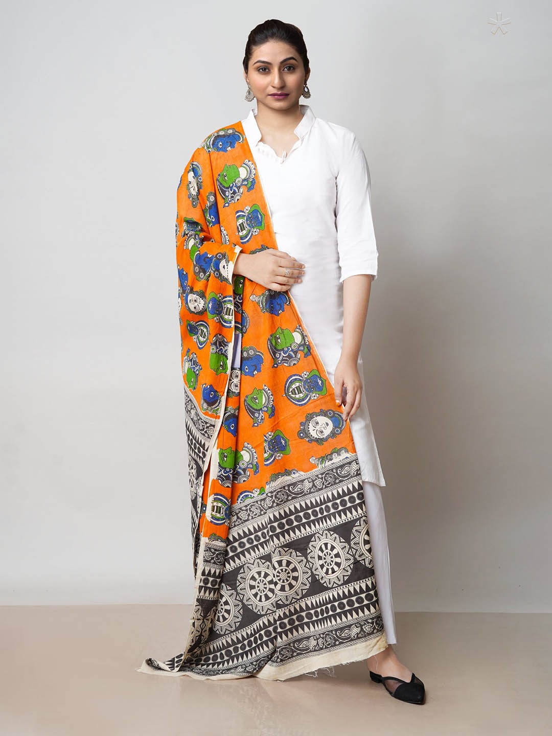 

Unnati Silks Ethnic Motifs Printed Kalamkari Pure Cotton Dupatta, Orange