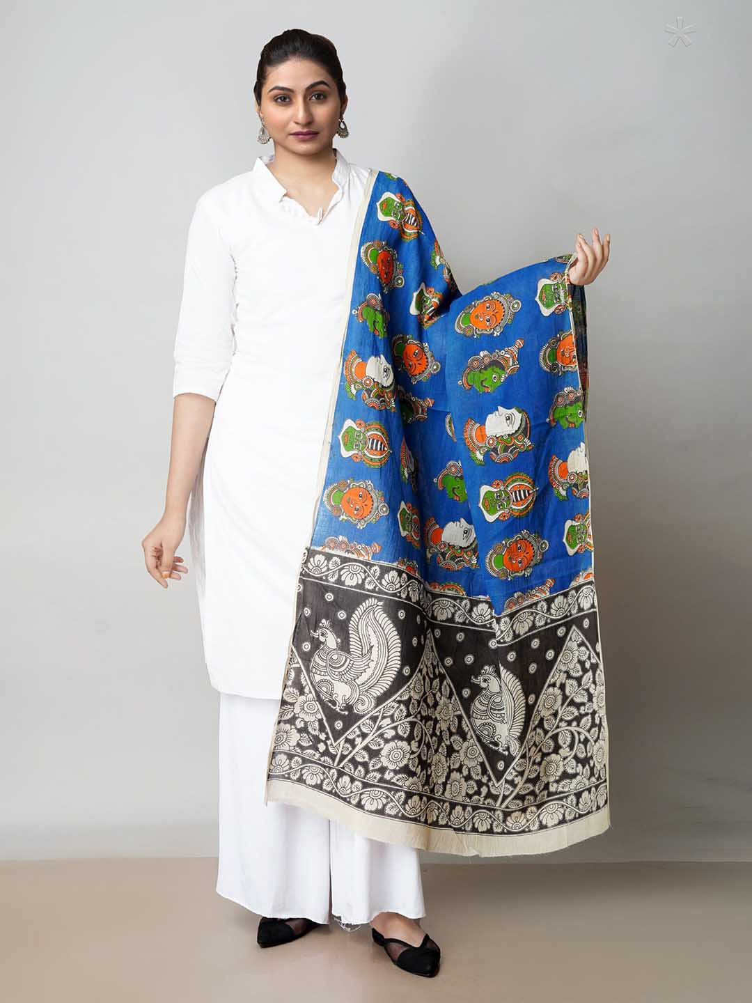 

Unnati Silks Ethnic Motifs Printed Pure Cotton Kalamkari Dupatta, Blue