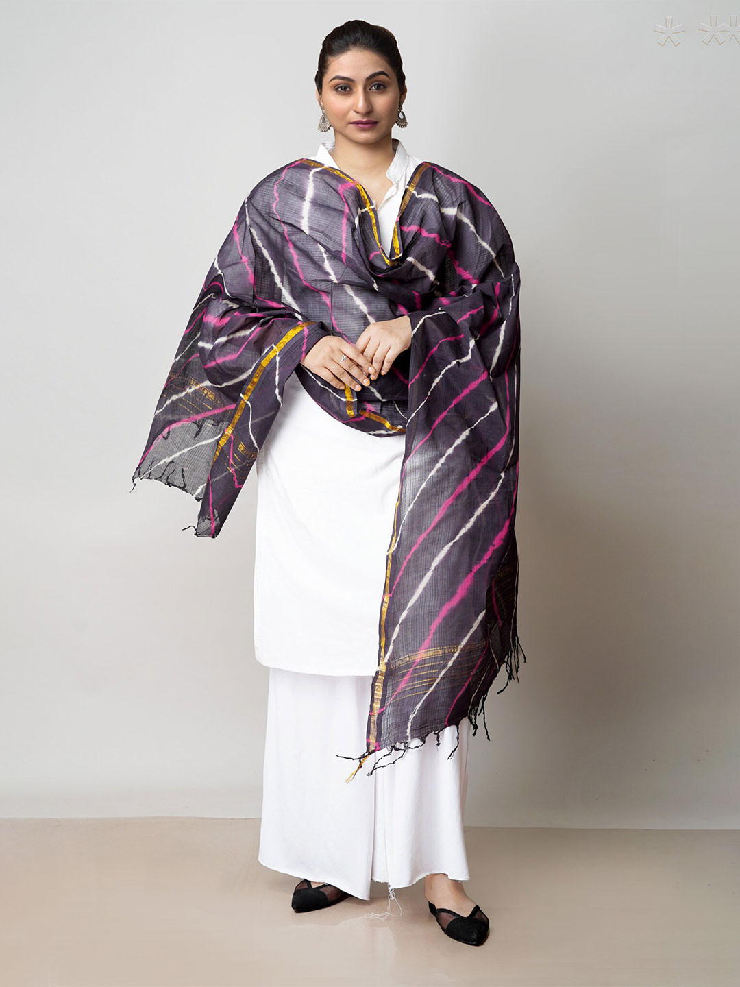 

Unnati Silks Printed Pure Cotton Leheriya Dupatta with Zari, Purple