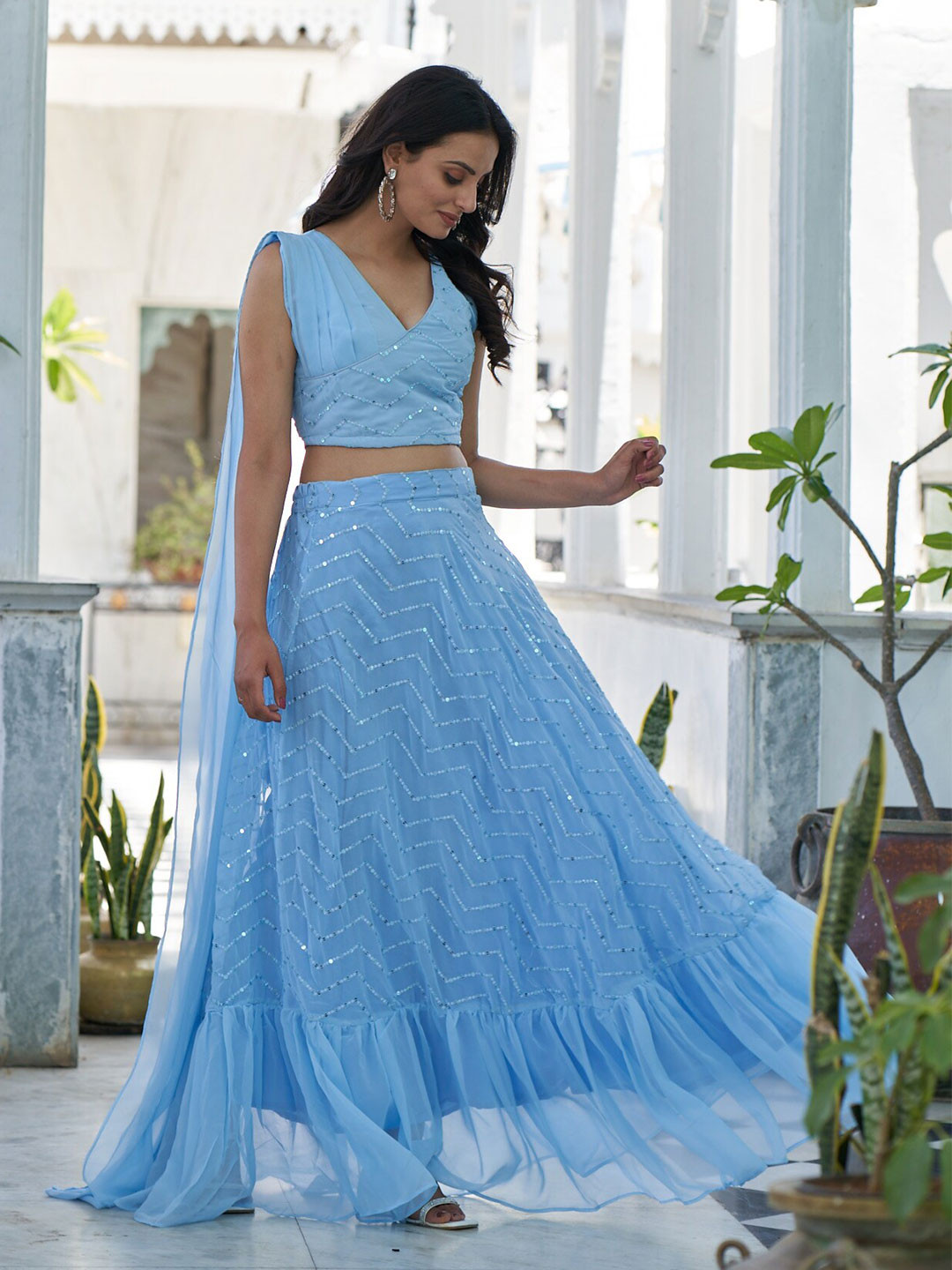 

Virah Fashion Embroidered Sequinned Ready to Wear Lehenga & Blouse With Dupatta, Turquoise blue