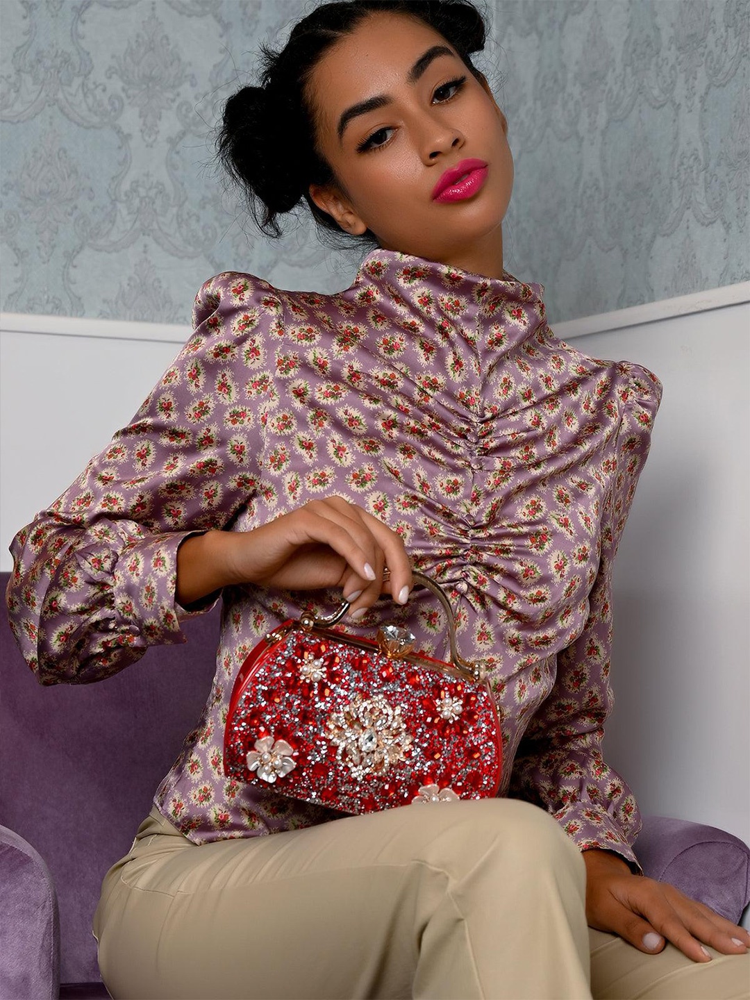 

ODETTE Embellished Purse Clutch, Red