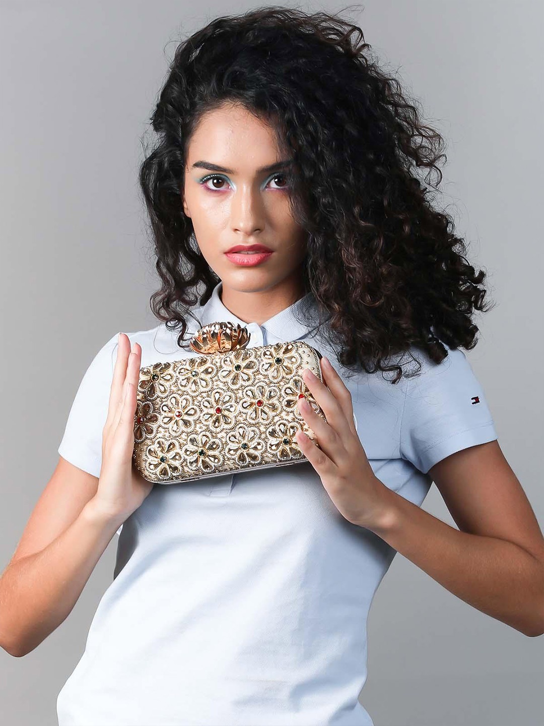 

ODETTE Embellished Box Clutch, Gold